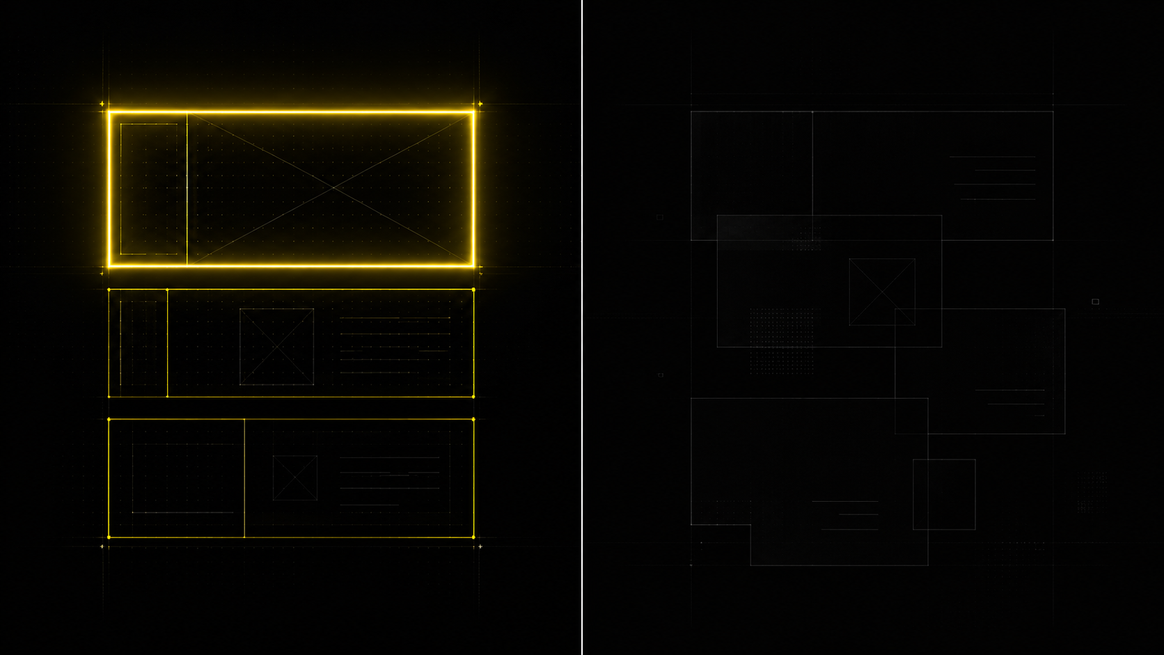 Brutalist, black-and-white split comparison graphic: left panel a firm ranked #1 in the local map pack glowing white, right panel a firm buried on page two rendered in dim gray, hard geometric dividing line